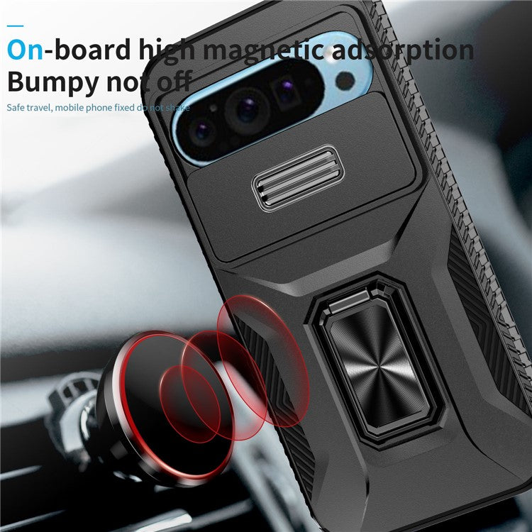 For Google Pixel 9 / Pixel 9 Pro Kickstand Case TPU+PC Phone Cover Support Magnetic Car Mount - Black