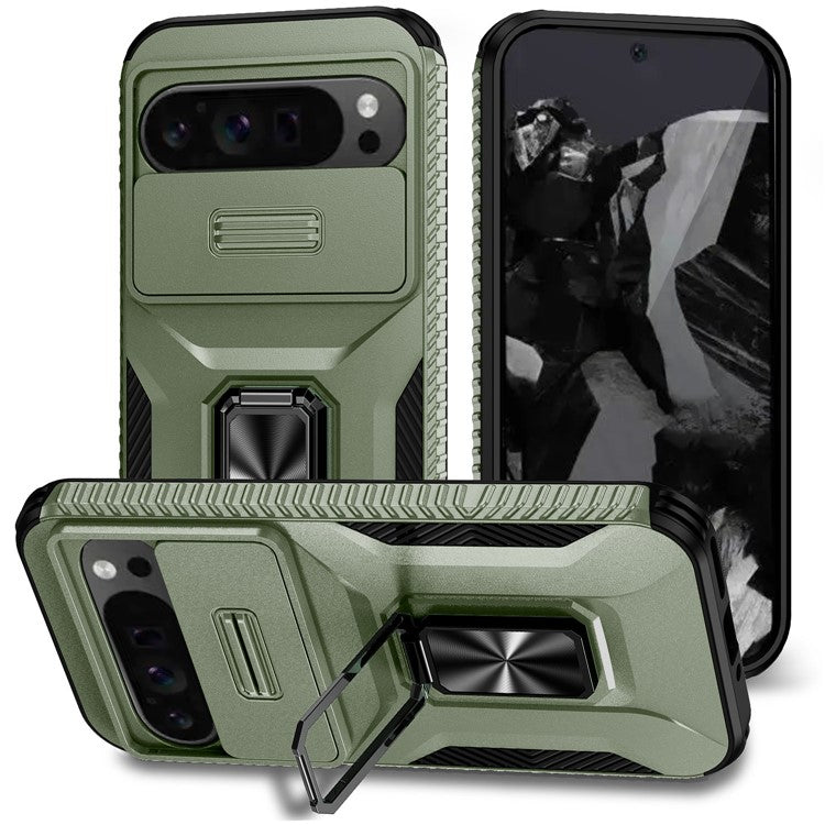 For Google Pixel 9 Pro XL Case TPU+PC Ring Kickstand Phone Cover with Lens Guard - Green