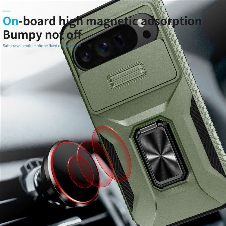 For Google Pixel 9 Pro XL Case TPU+PC Ring Kickstand Phone Cover with Lens Guard - Green