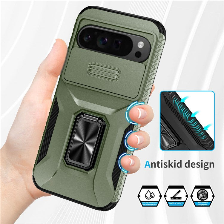 For Google Pixel 9 Pro XL Case TPU+PC Ring Kickstand Phone Cover with Lens Guard - Green