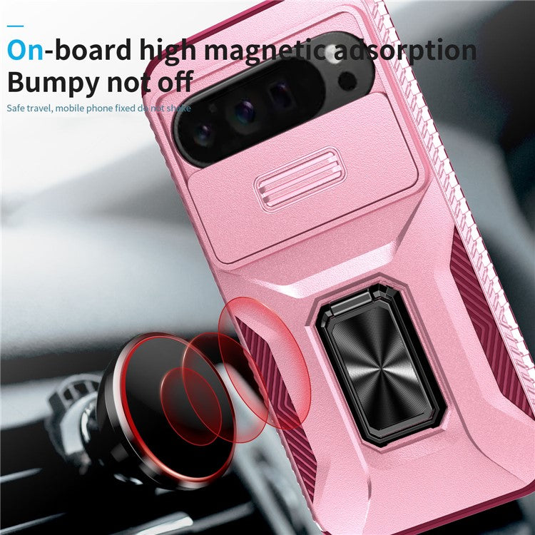 For Google Pixel 9 Pro XL Case TPU+PC Ring Kickstand Phone Cover with Lens Guard - Pink+Wine Red