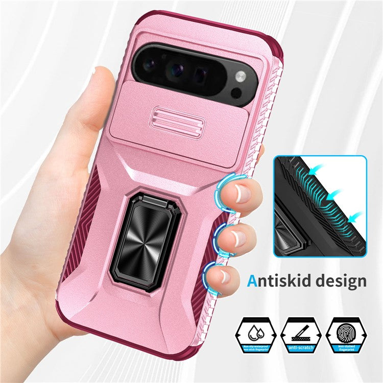 For Google Pixel 9 Pro XL Case TPU+PC Ring Kickstand Phone Cover with Lens Guard - Pink+Wine Red