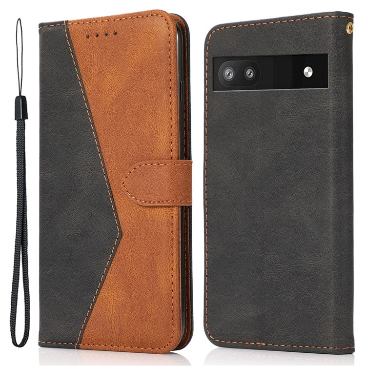 For Google Pixel 8a Case Color Splicing PU Leather Wallet Stand Phone Cover - Black+Brown