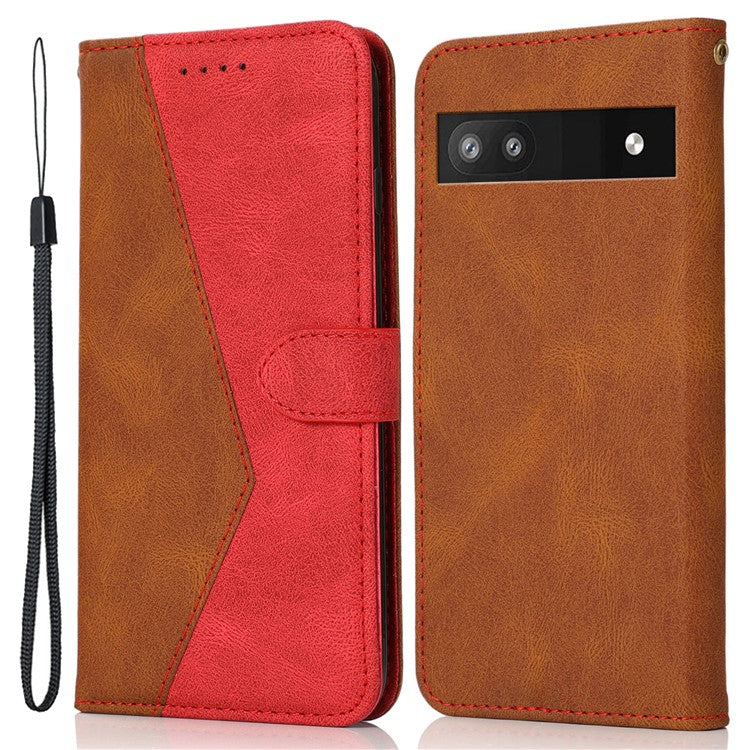 For Google Pixel 8a Case Color Splicing PU Leather Wallet Stand Phone Cover - Brown+Red