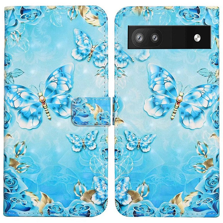 For Google Pixel 8a Mobile Phone Case 3D Pattern Printing Leather Cover - Blue Butterfly