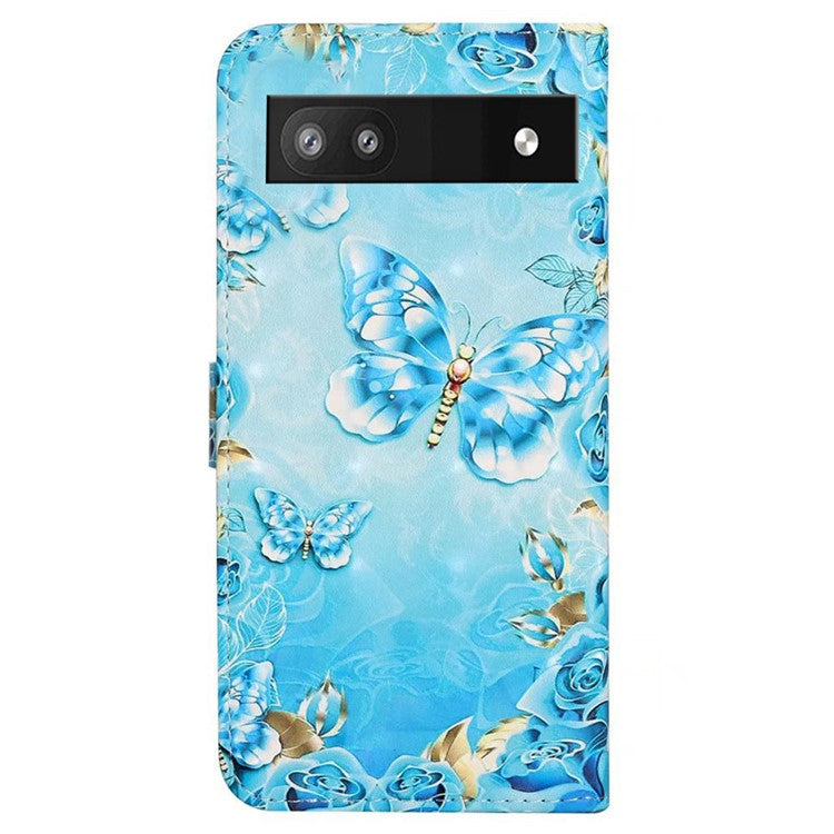 For Google Pixel 8a Mobile Phone Case 3D Pattern Printing Leather Cover - Blue Butterfly