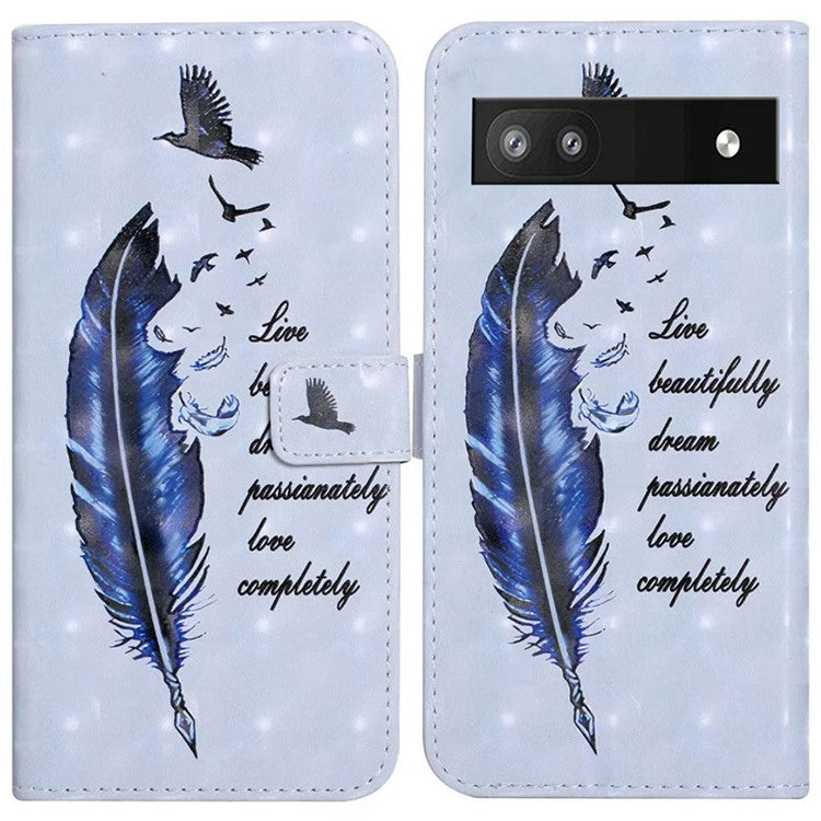 For Google Pixel 8a Mobile Phone Case 3D Pattern Printing Leather Cover - Blue Feather