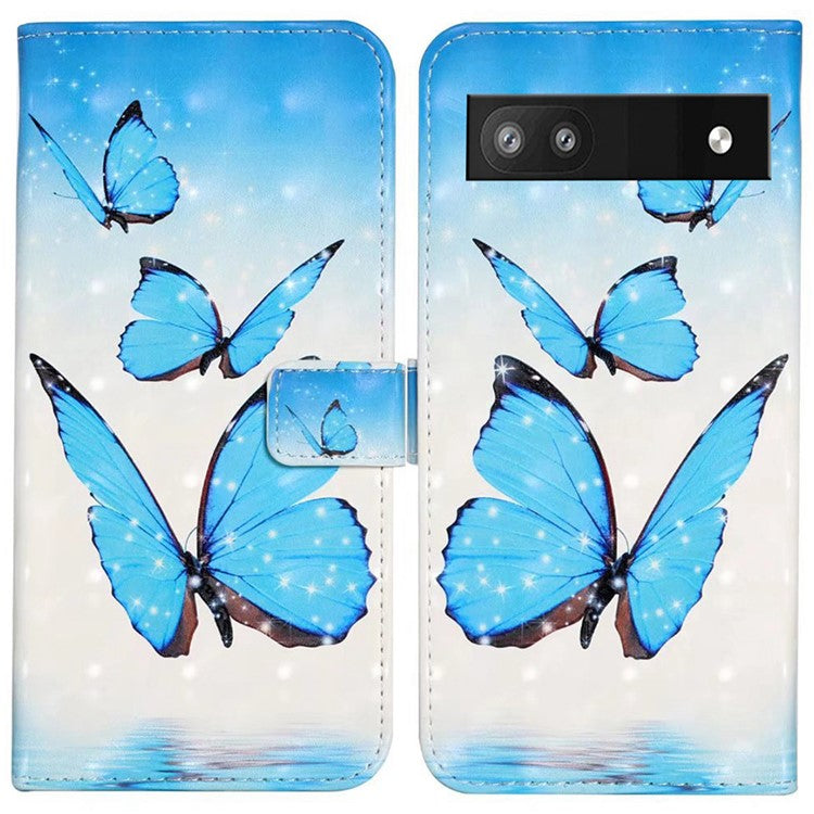 For Google Pixel 8a Mobile Phone Case 3D Pattern Printing Leather Cover - Three Butterflies