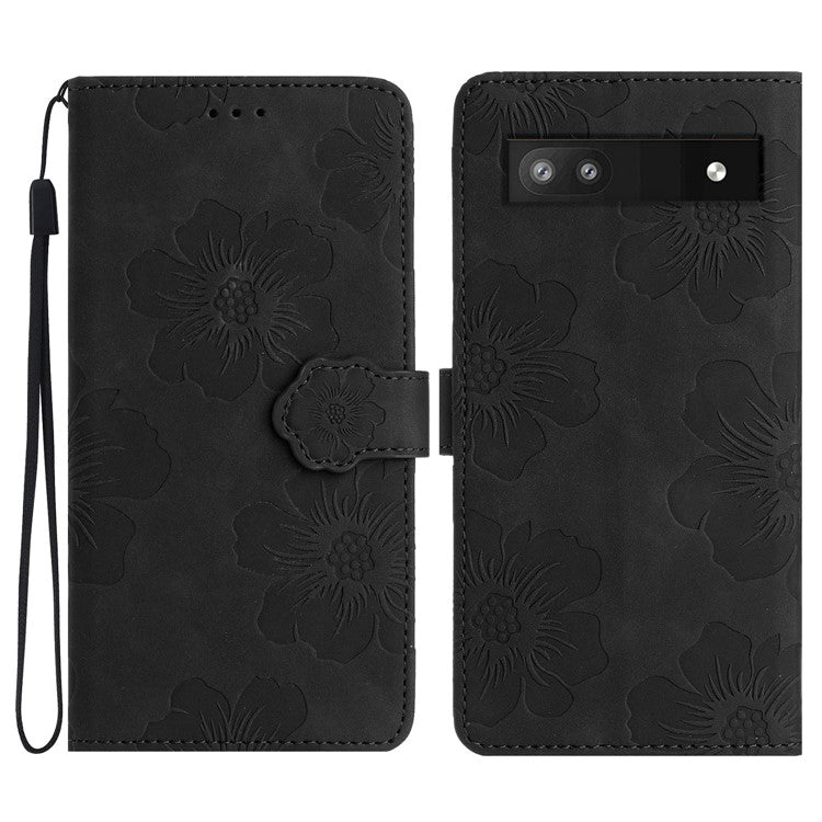 Phone Shell for Google Pixel 8a Cell Phone Case Leather Wallet Imprinted Flower Stand Cover - Black