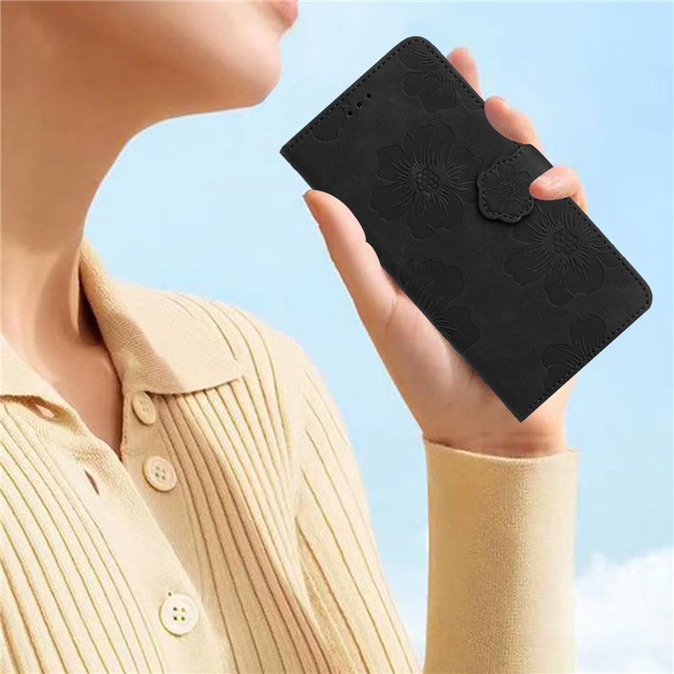 Phone Shell for Google Pixel 8a Cell Phone Case Leather Wallet Imprinted Flower Stand Cover - Black