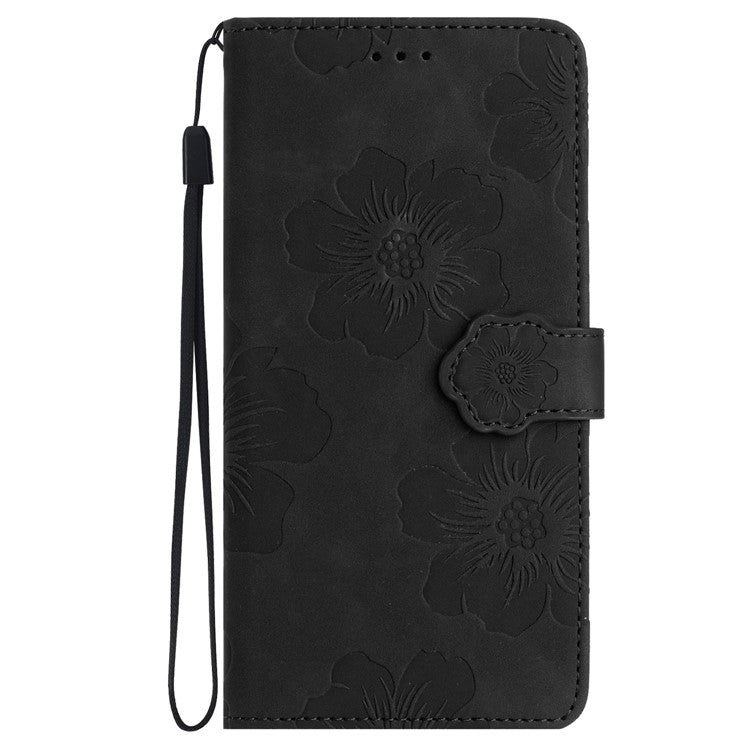 Phone Shell for Google Pixel 8a Cell Phone Case Leather Wallet Imprinted Flower Stand Cover - Black