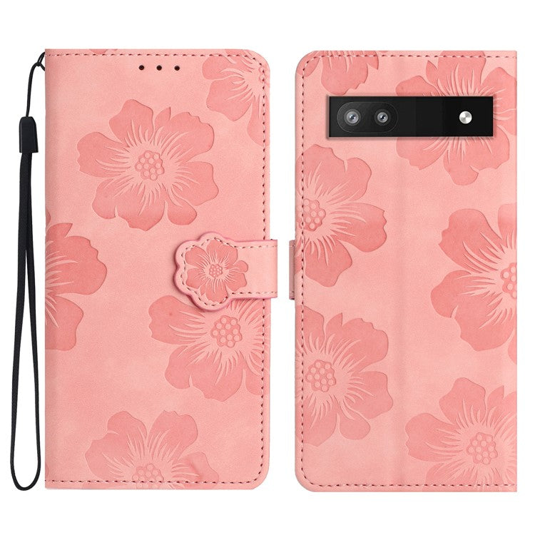 Phone Shell for Google Pixel 8a Cell Phone Case Leather Wallet Imprinted Flower Stand Cover - Pink