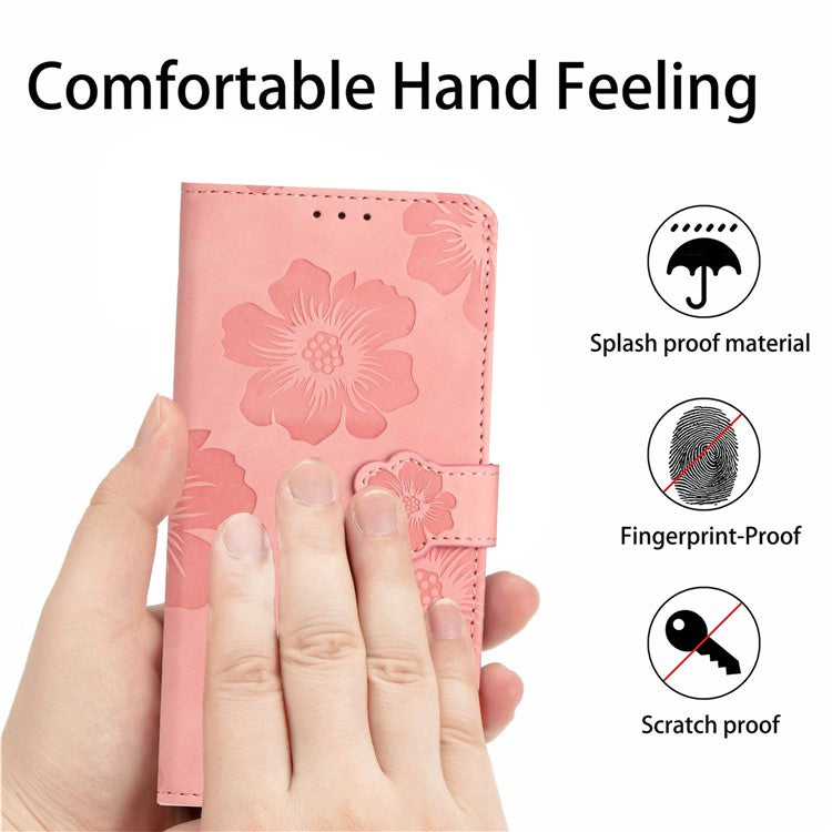 Phone Shell for Google Pixel 8a Cell Phone Case Leather Wallet Imprinted Flower Stand Cover - Pink