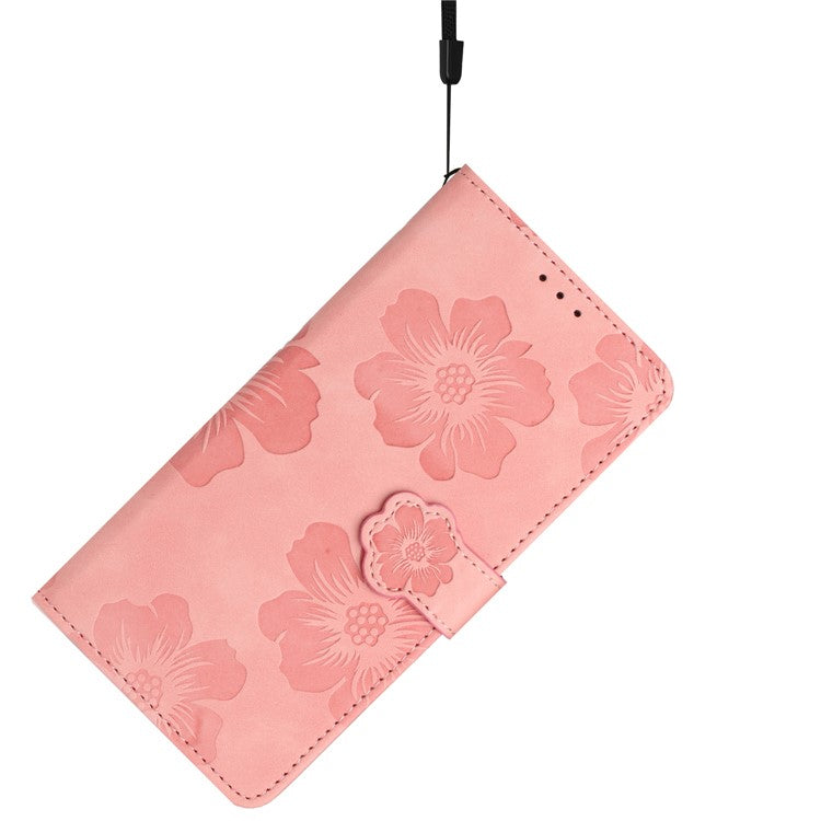 Phone Shell for Google Pixel 8a Cell Phone Case Leather Wallet Imprinted Flower Stand Cover - Pink