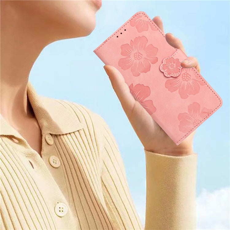 Phone Shell for Google Pixel 8a Cell Phone Case Leather Wallet Imprinted Flower Stand Cover - Pink