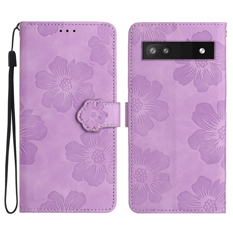 Phone Shell for Google Pixel 8a Cell Phone Case Leather Wallet Imprinted Flower Stand Cover - Purple