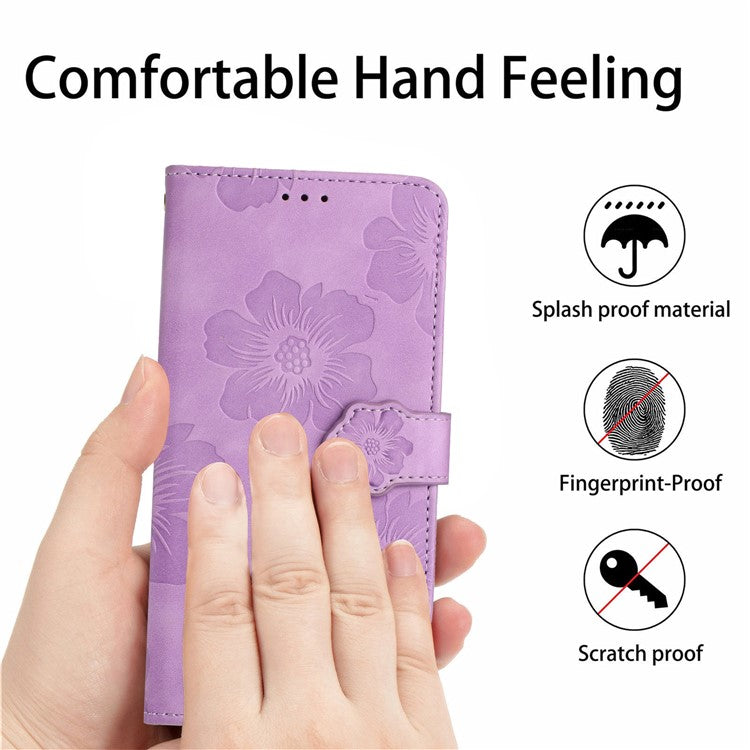 Phone Shell for Google Pixel 8a Cell Phone Case Leather Wallet Imprinted Flower Stand Cover - Purple