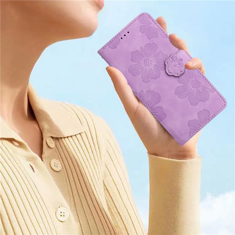 Phone Shell for Google Pixel 8a Cell Phone Case Leather Wallet Imprinted Flower Stand Cover - Purple