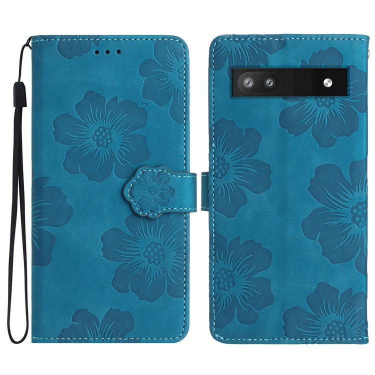 Phone Shell for Google Pixel 8a Cell Phone Case Leather Wallet Imprinted Flower Stand Cover - Blue