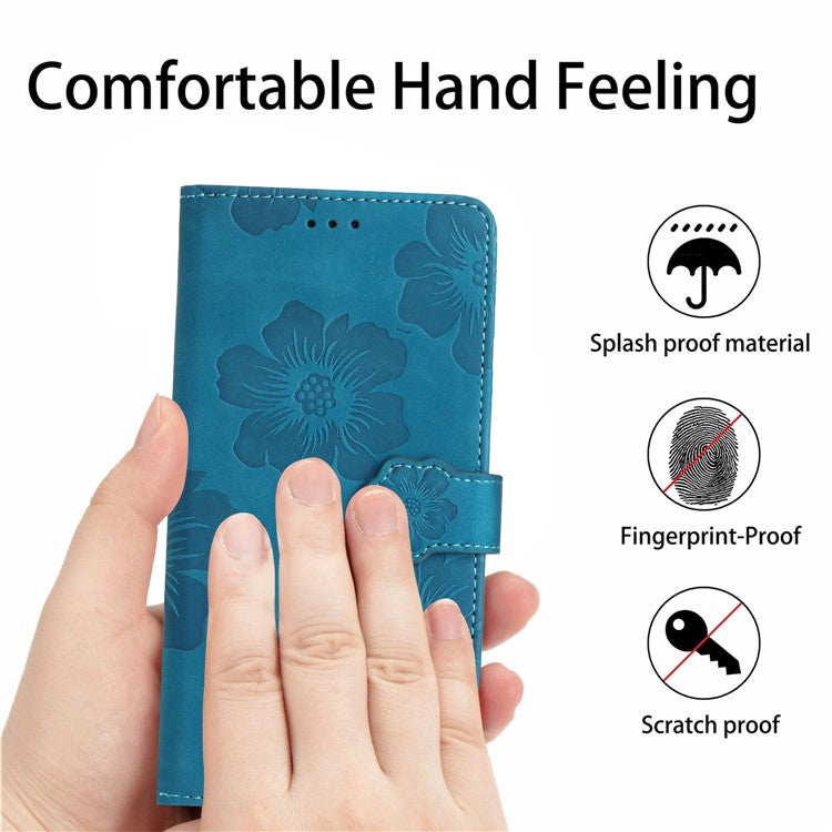 Phone Shell for Google Pixel 8a Cell Phone Case Leather Wallet Imprinted Flower Stand Cover - Blue