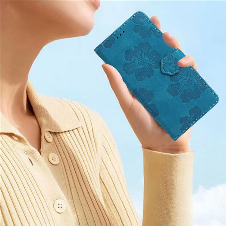 Phone Shell for Google Pixel 8a Cell Phone Case Leather Wallet Imprinted Flower Stand Cover - Blue