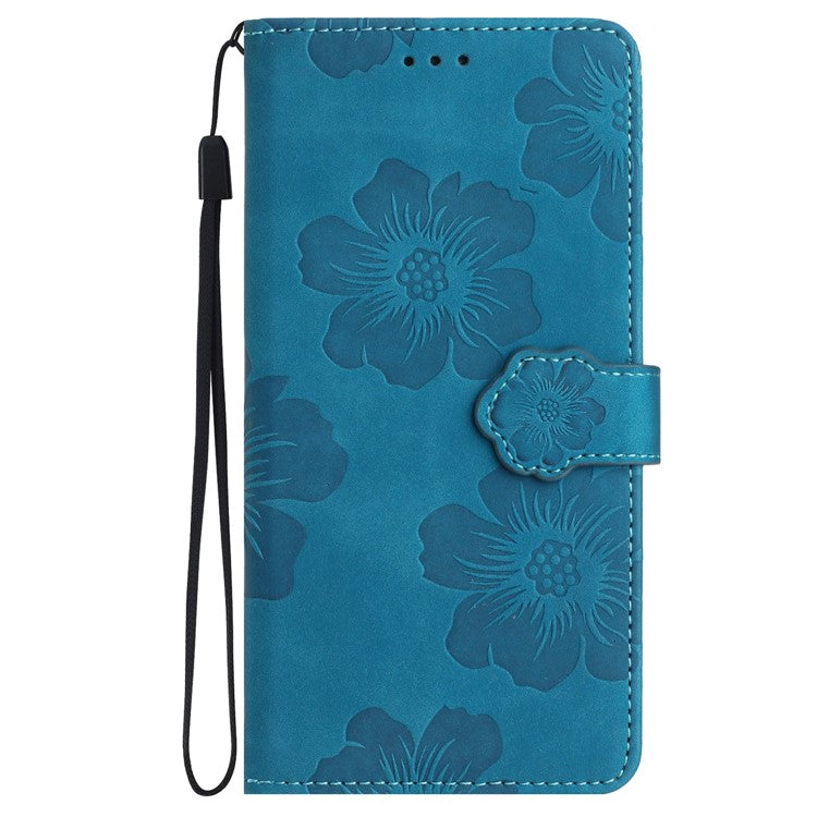 Phone Shell for Google Pixel 8a Cell Phone Case Leather Wallet Imprinted Flower Stand Cover - Blue