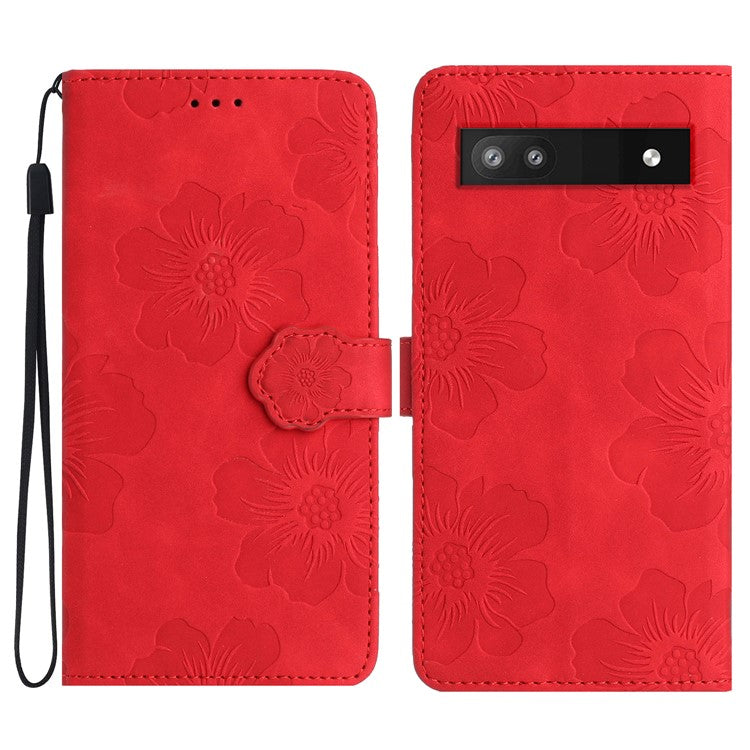 Phone Shell for Google Pixel 8a Cell Phone Case Leather Wallet Imprinted Flower Stand Cover - Red