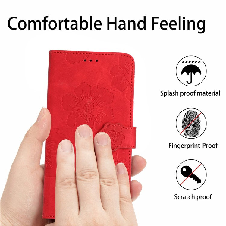 Phone Shell for Google Pixel 8a Cell Phone Case Leather Wallet Imprinted Flower Stand Cover - Red