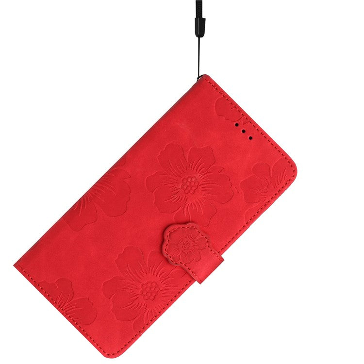 Phone Shell for Google Pixel 8a Cell Phone Case Leather Wallet Imprinted Flower Stand Cover - Red