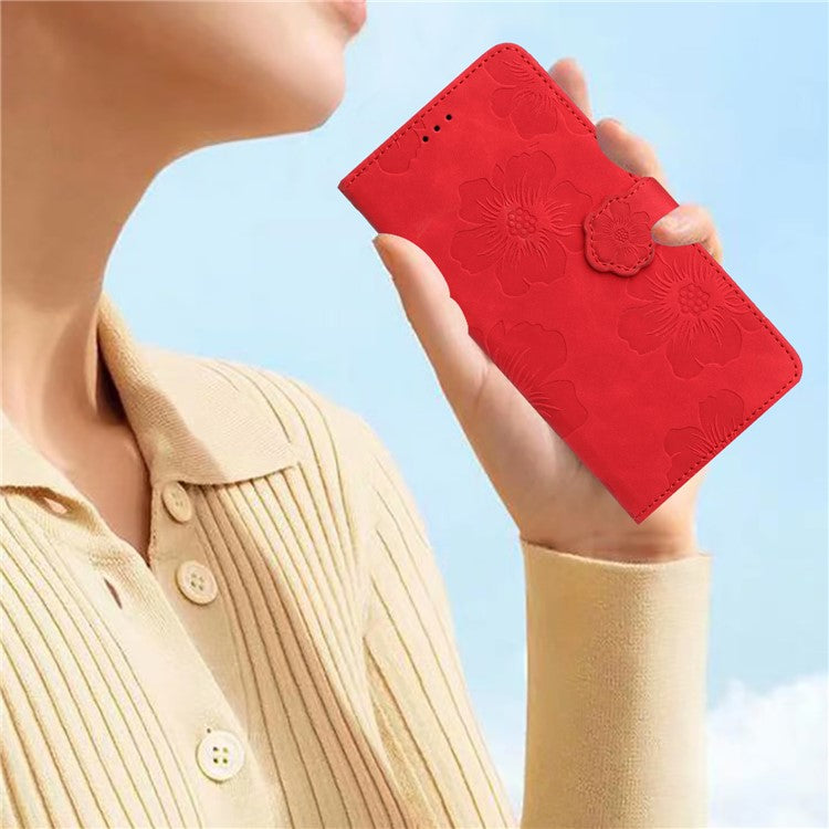 Phone Shell for Google Pixel 8a Cell Phone Case Leather Wallet Imprinted Flower Stand Cover - Red