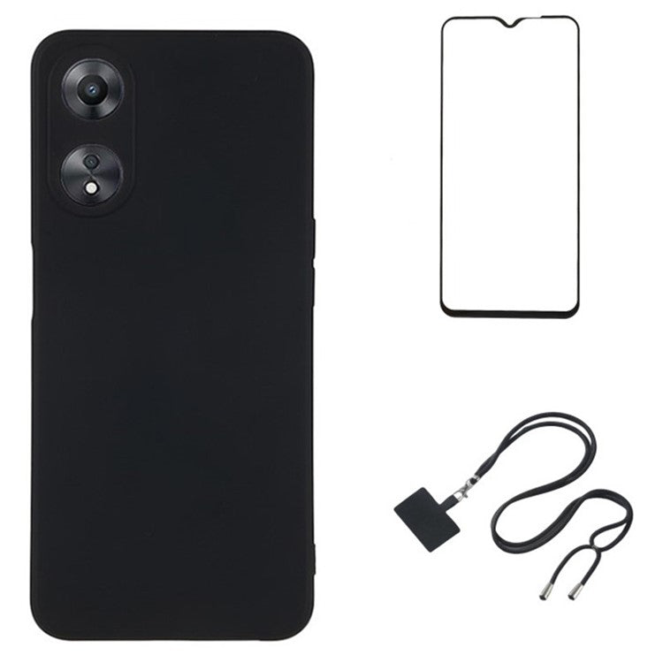 WANLONFENG RB1 Series For Oppo A58 5G TPU Phone Case Screen Film+Lanyard 3-in-1 - Black