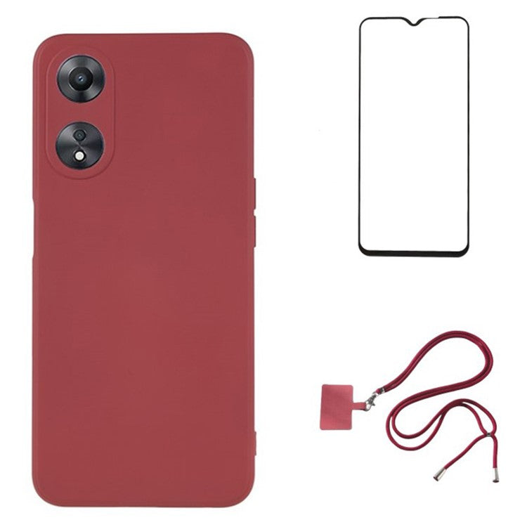 WANLONFENG RB1 Series For Oppo A58 5G TPU Phone Case Screen Film+Lanyard 3-in-1 - Hawthorn Red