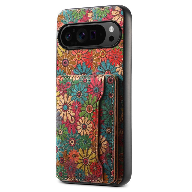 For Google Pixel 9 Pro / Pixel 9 Kickstand Cases Floral Pattern Card Slot PU+TPU+PC Phone Cover - Spring / Green