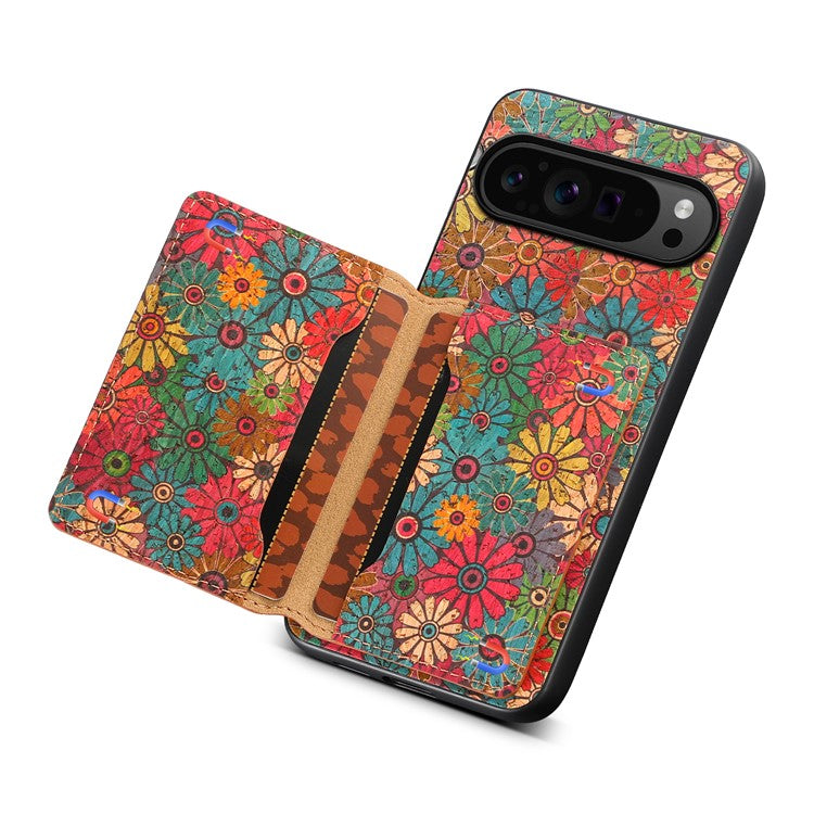 For Google Pixel 9 Pro / Pixel 9 Kickstand Cases Floral Pattern Card Slot PU+TPU+PC Phone Cover - Spring / Green