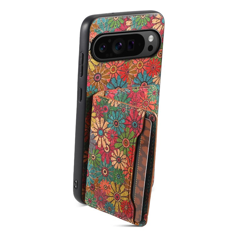 For Google Pixel 9 Pro / Pixel 9 Kickstand Cases Floral Pattern Card Slot PU+TPU+PC Phone Cover - Spring / Green