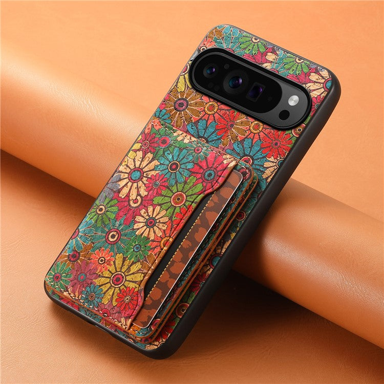 For Google Pixel 9 Pro / Pixel 9 Kickstand Cases Floral Pattern Card Slot PU+TPU+PC Phone Cover - Spring / Green