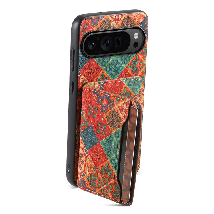 For Google Pixel 9 Pro / Pixel 9 Kickstand Cases Floral Pattern Card Slot PU+TPU+PC Phone Cover - Winter / Blue