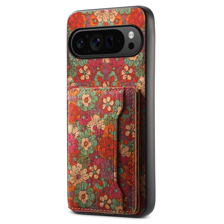 For Google Pixel 9 Pro / Pixel 9 Kickstand Cases Floral Pattern Card Slot PU+TPU+PC Phone Cover - Summer / Red