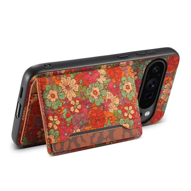 For Google Pixel 9 Pro / Pixel 9 Kickstand Cases Floral Pattern Card Slot PU+TPU+PC Phone Cover - Summer / Red