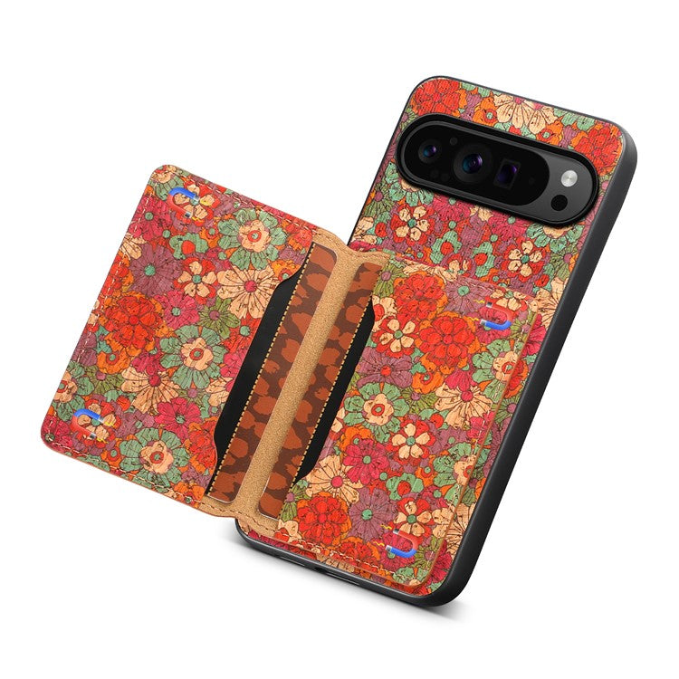 For Google Pixel 9 Pro / Pixel 9 Kickstand Cases Floral Pattern Card Slot PU+TPU+PC Phone Cover - Summer / Red