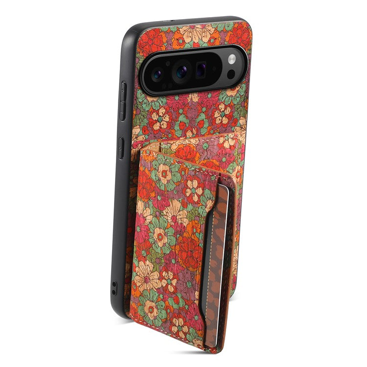 For Google Pixel 9 Pro / Pixel 9 Kickstand Cases Floral Pattern Card Slot PU+TPU+PC Phone Cover - Summer / Red