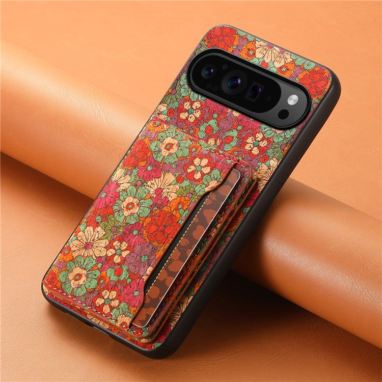 For Google Pixel 9 Pro / Pixel 9 Kickstand Cases Floral Pattern Card Slot PU+TPU+PC Phone Cover - Summer / Red