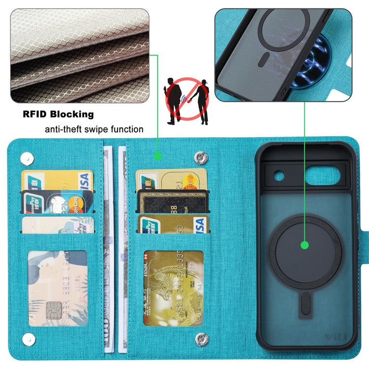 VILI GMA Series For Google Pixel 8a Magnetic Case RFID Blocking Wallet Detachable Leather Phone Cover -  Blue