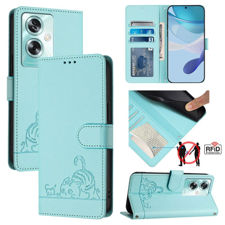 YB Imprinting Series-9 for Oppo A79 5G / A2 5G Case RFID Blocking Phone Leather Cover with Strap - Mint Green