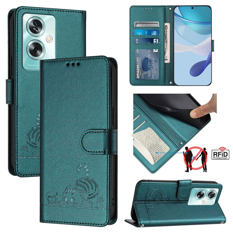 YB Imprinting Series-9 for Oppo A79 5G / A2 5G Case RFID Blocking Phone Leather Cover with Strap - Dark Green