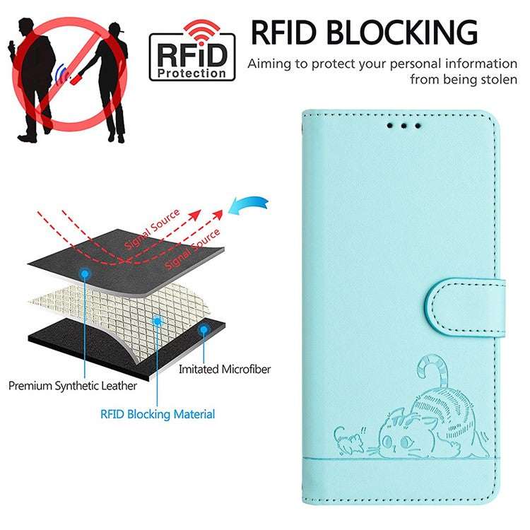 YB Imprinting Series-9 for Google Pixel 7a Case RFID Blocking Leather Phone Cover with Wallet - Mint Green