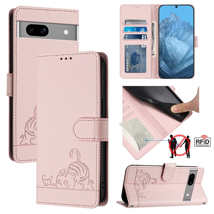 YB Imprinting Series-9 for Google Pixel 7a Case RFID Blocking Leather Phone Cover with Wallet - Pink