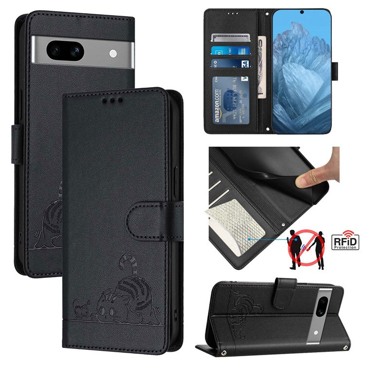 YB Imprinting Series-9 for Google Pixel 7a Case RFID Blocking Leather Phone Cover with Wallet - Black