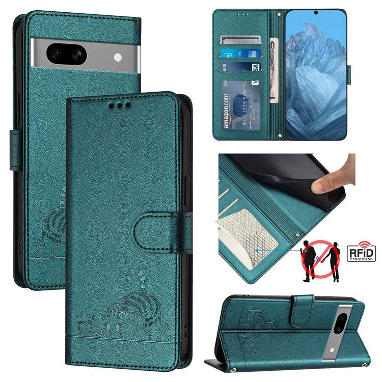 YB Imprinting Series-9 for Google Pixel 7a Case RFID Blocking Leather Phone Cover with Wallet - Dark Green