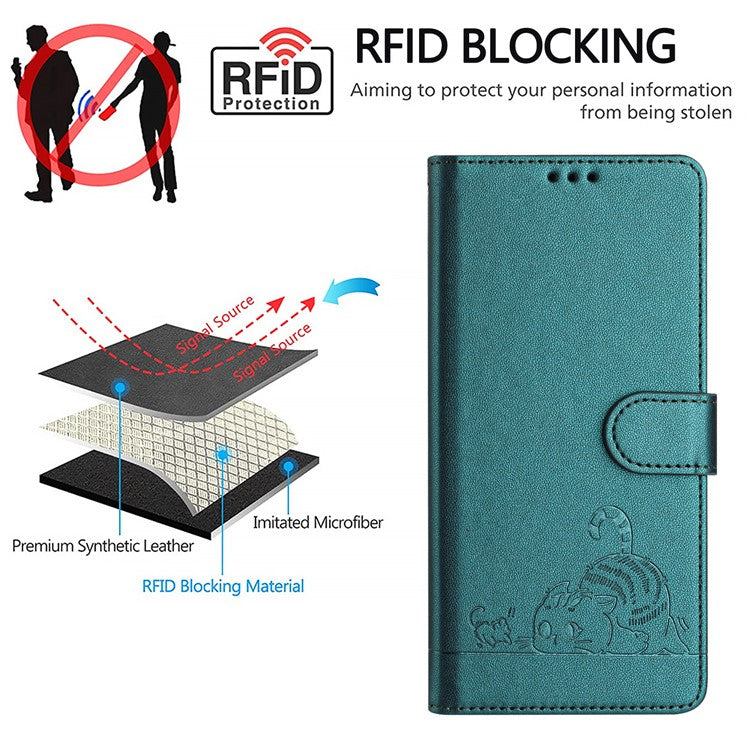 YB Imprinting Series-9 for Google Pixel 7a Case RFID Blocking Leather Phone Cover with Wallet - Dark Green